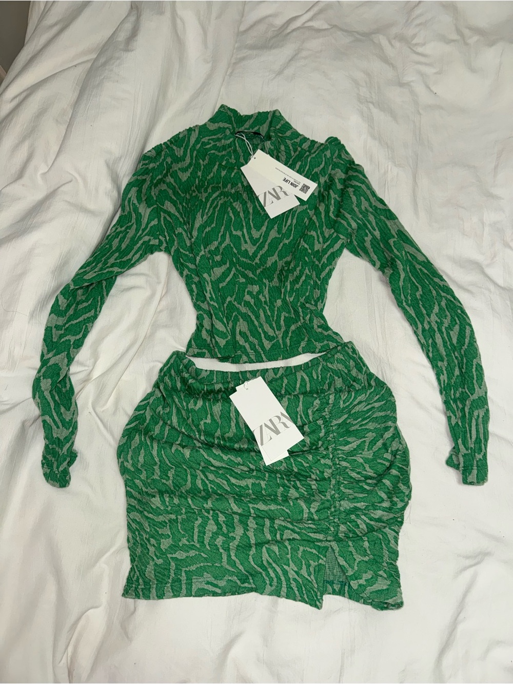 Zara Green Zebra-Pattern Long Sleeve Crop Top & Skirt Set